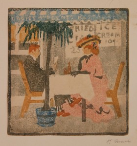 Ethel Mars 1976 1956 " A la Terrasse" circa 1905 bois gravé 178 x 168 mm signé en bas à droite
