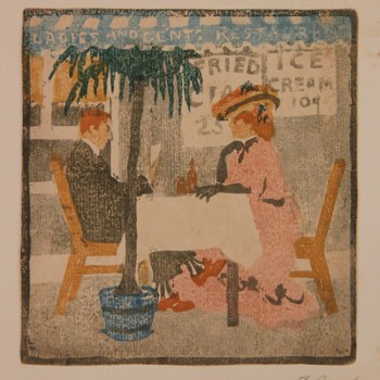 Ethel Mars 1976 1956 " A la Terrasse" circa 1905 bois gravé 178 x 168 mm signé en bas à droite