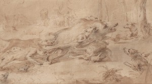 Frans Snyders (1579-1657) "La chasse au sanglier"; Plume, encre brune et lavis. 210 x 340 mm