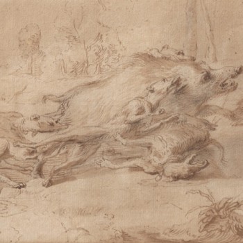 Frans Snyders (1579-1657) "La chasse au sanglier"; Plume, encre brune et lavis. 210 x 340 mm