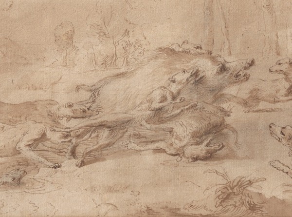 Frans Snyders (1579-1657) "La chasse au sanglier"; Plume, encre brune et lavis. 210 x 340 mm