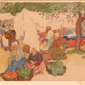 Maud Hunt Squire 1873-1955 "Marché en Bretagne" circa 1906 crayon et aquarelle 250 x 325 mm